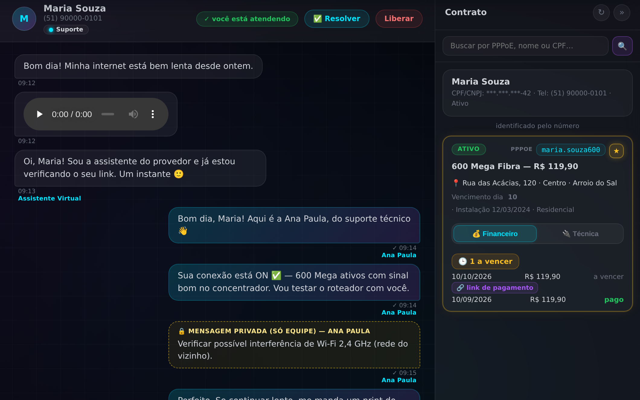 Tela do ISChat com atendimento, assistente virtual e dados do contrato do assinante
